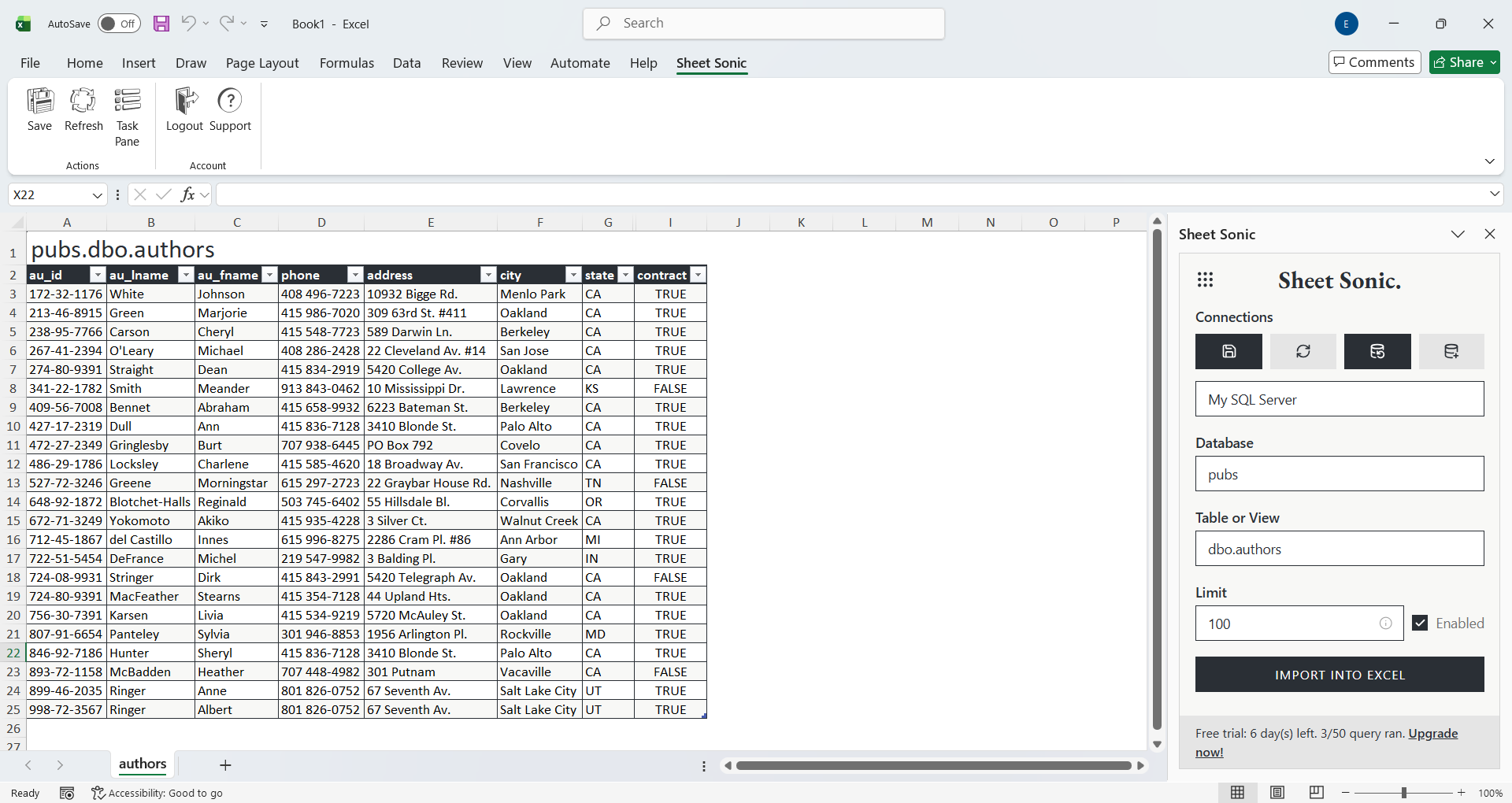 Sheet Sonic task pane connected to a SQL Server database inside Excel